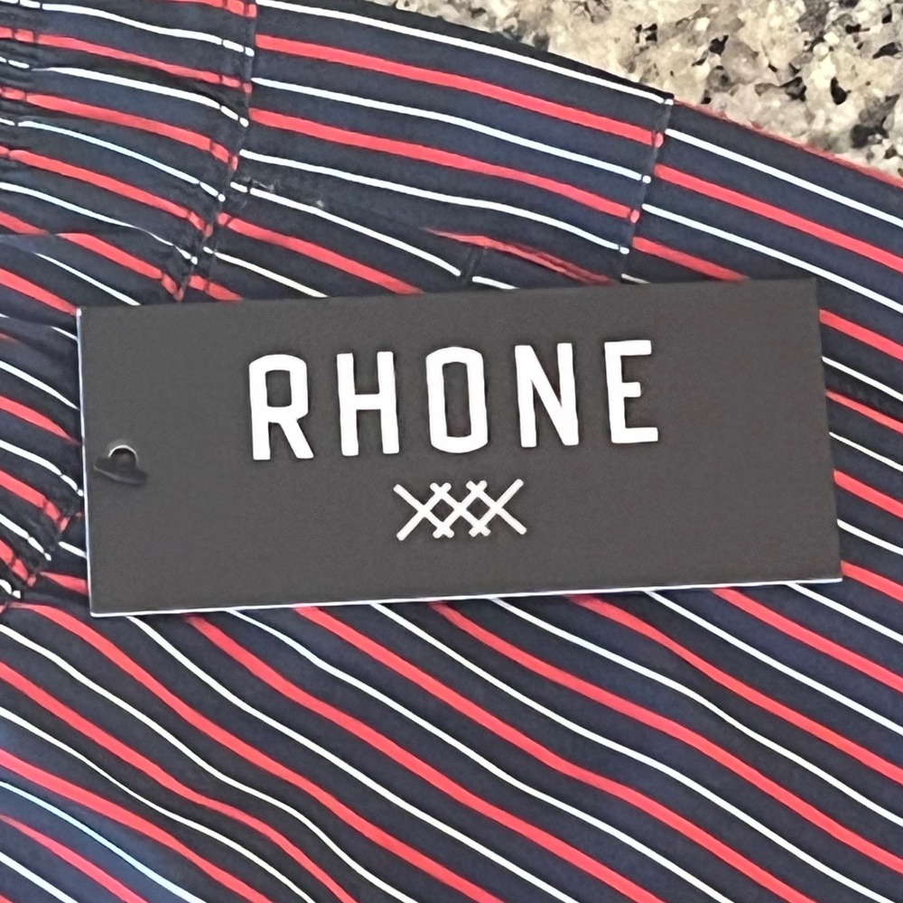NWT Rhone 5.5" R&R Swim Trunks Mens S Goji Berry/Navy/White Stripe - Picture 6 of 10